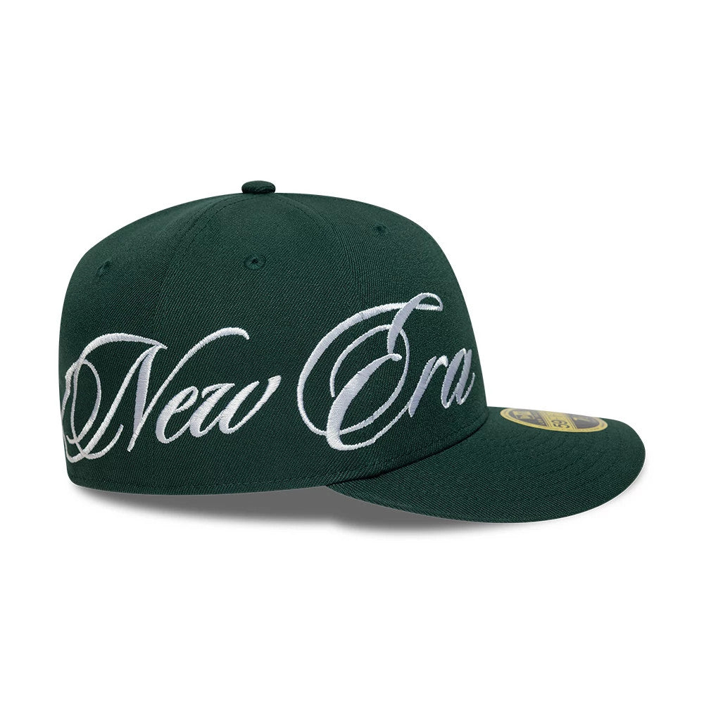 Pictured is this New Era Side Script Low Profile 59FIFTY Fitted cap in dark green. 5