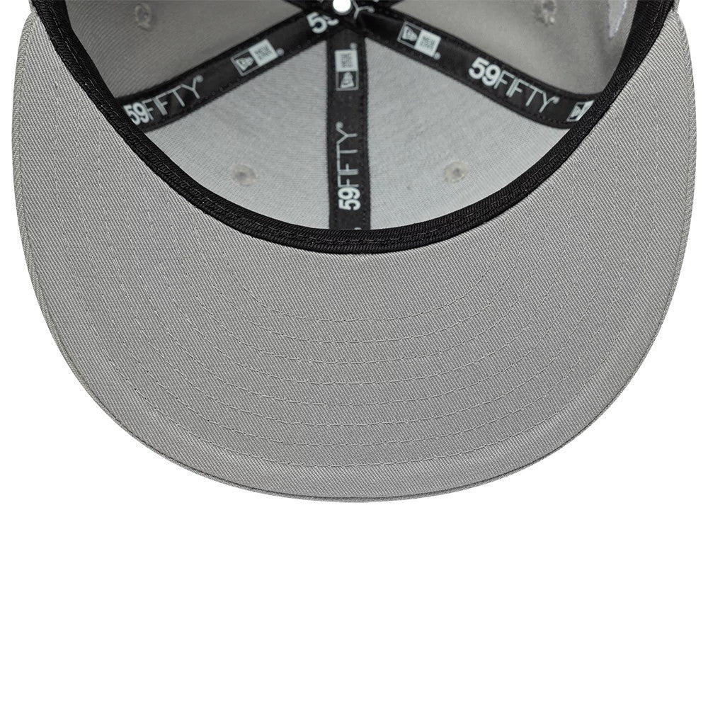 LA Dodgers MLB Faux Pearl Cloud Grey New Era 59FIFTY Fitted Cap, inside view showing the black 59FIFTY taping along the seams, grey fabric panels with eyelets, and a cloud grey undervisor.