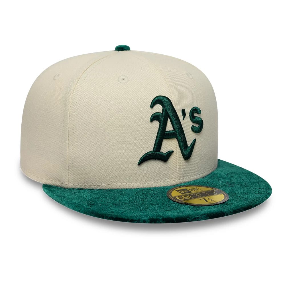 Pictured is this MLB Paisley Visor Athletics 59FIFTY Fitted cap in Cream. 5