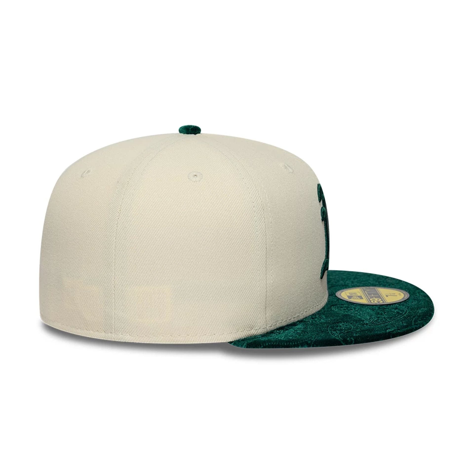 Pictured is this MLB Paisley Visor Athletics 59FIFTY Fitted cap in Cream. 7