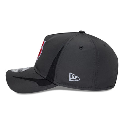 Vancouver Canadians MiLB Panel Charcoal New Era 9TWENTY A-Frame Adjustable Cap, side view showing the grey embroidered New Era flag logo on the left side of the curved charcoal visor, with white 9TWENTY size sticker on the visor.