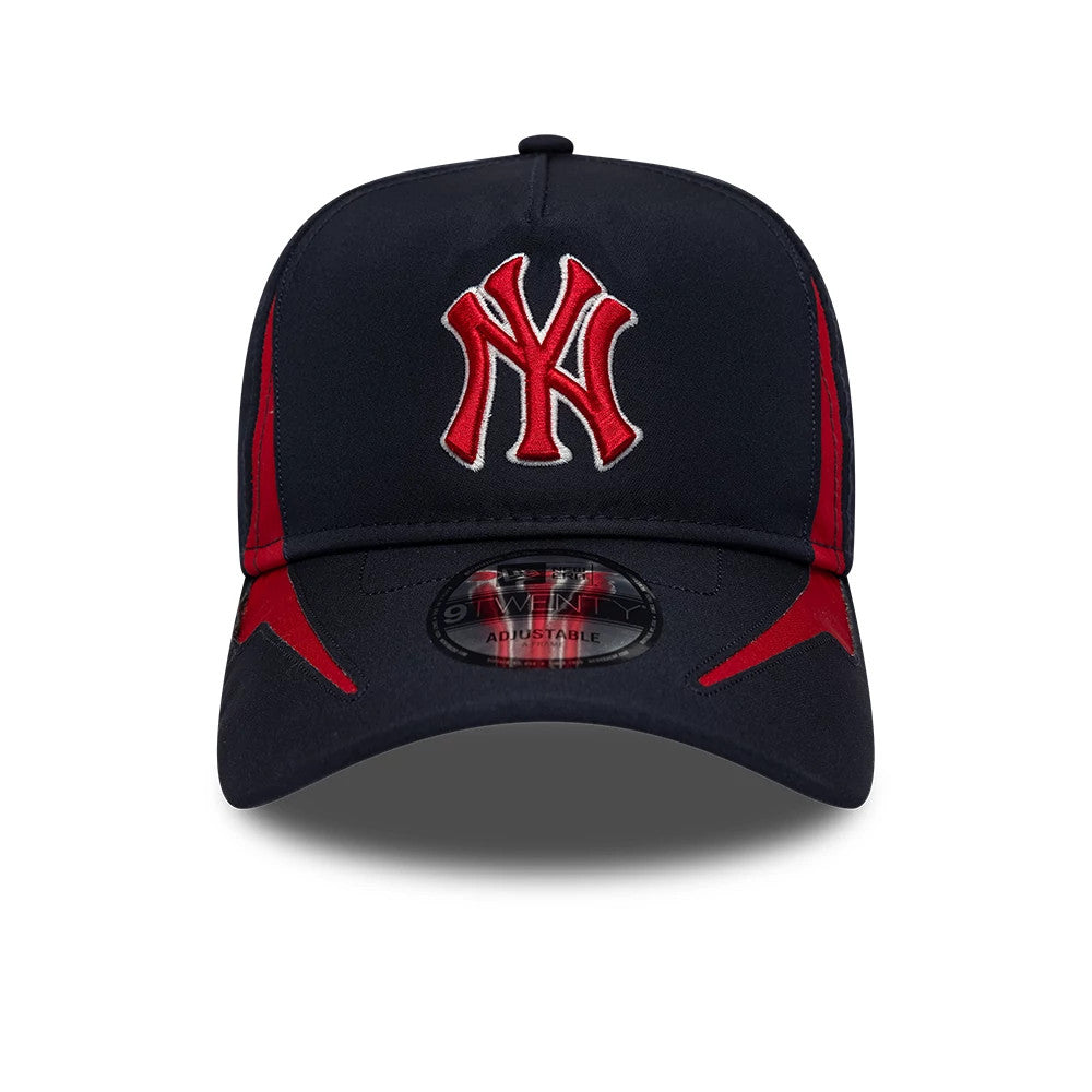 New York Yankees MLB Panel Navy New Era 9TWENTY A-Frame Adjustable Cap, front view showing a raised red embroidered NY logo on the structured navy crown, with contrasting red side panels and a black 9TWENTY size sticker on the navy curved visor.