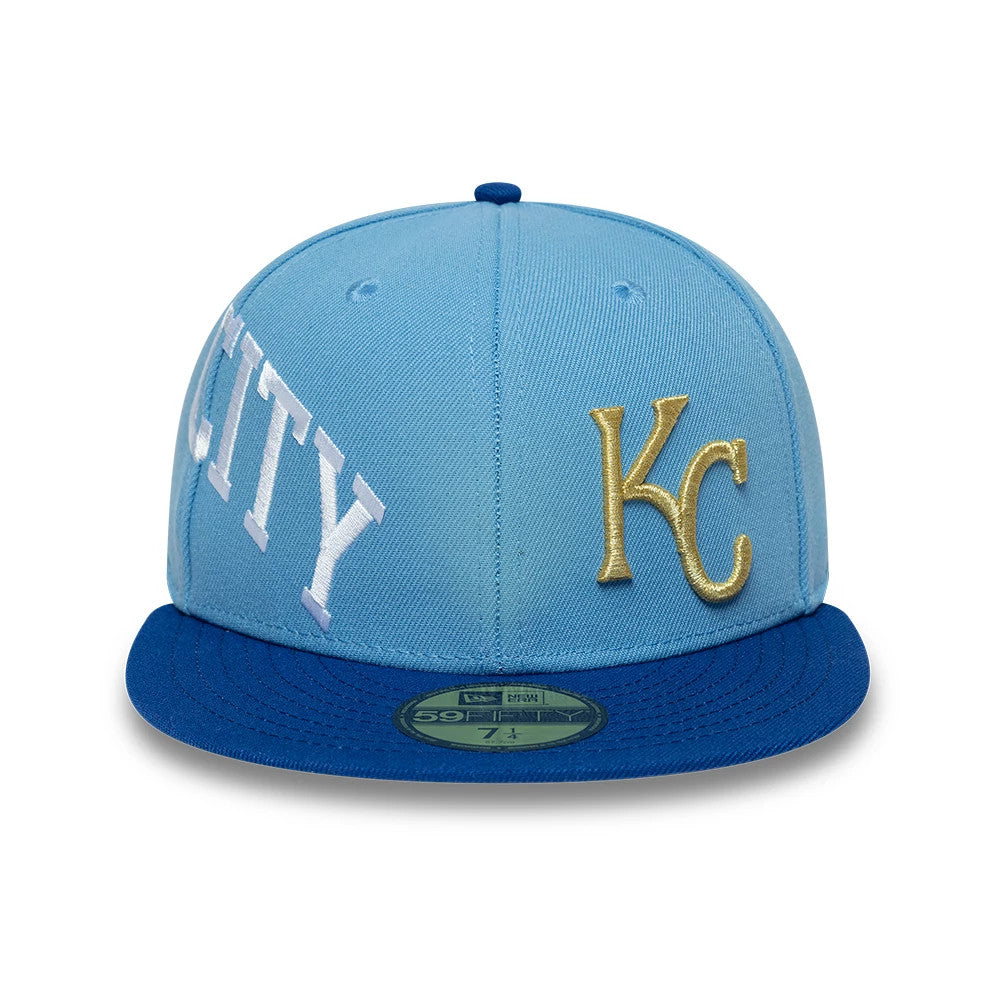 Pictured is this MLB Multi Logo Kansas City Royals 59FIFTY Fitted cap in pastel blue. 3