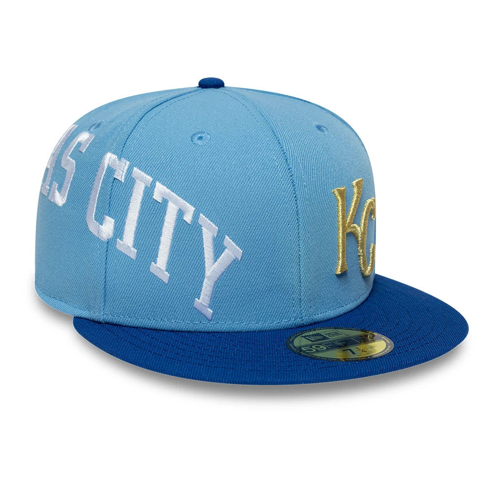 Kansas City Royals MLB Multi Logo Satin Lined Pastel Blue New Era 59FIFTY Fitted Cap, front view showing the gold KC logo in raised embroidery on the pastel blue front panel, with a royal blue flat visor and gold 59FIFTY size sticker.