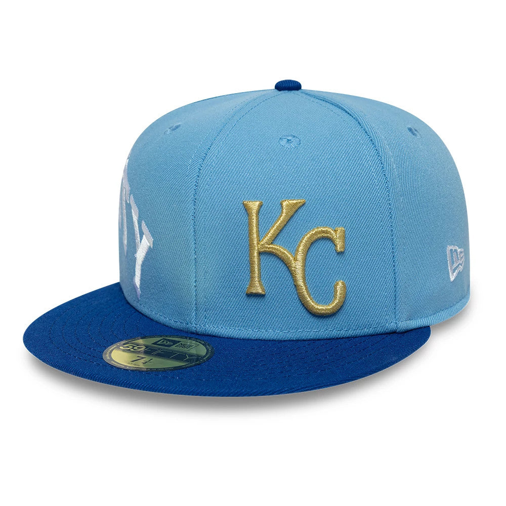 Pictured is this MLB Multi Logo Kansas City Royals 59FIFTY Fitted cap in pastel blue. 4