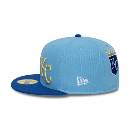 Pictured is this MLB Multi Logo Kansas City Royals 59FIFTY Fitted cap in pastel blue. 7
