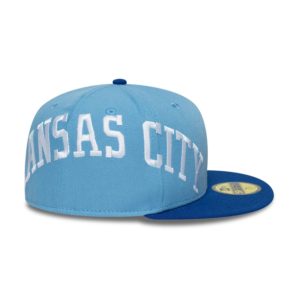 Pictured is this MLB Multi Logo Kansas City Royals 59FIFTY Fitted cap in pastel blue. 6
