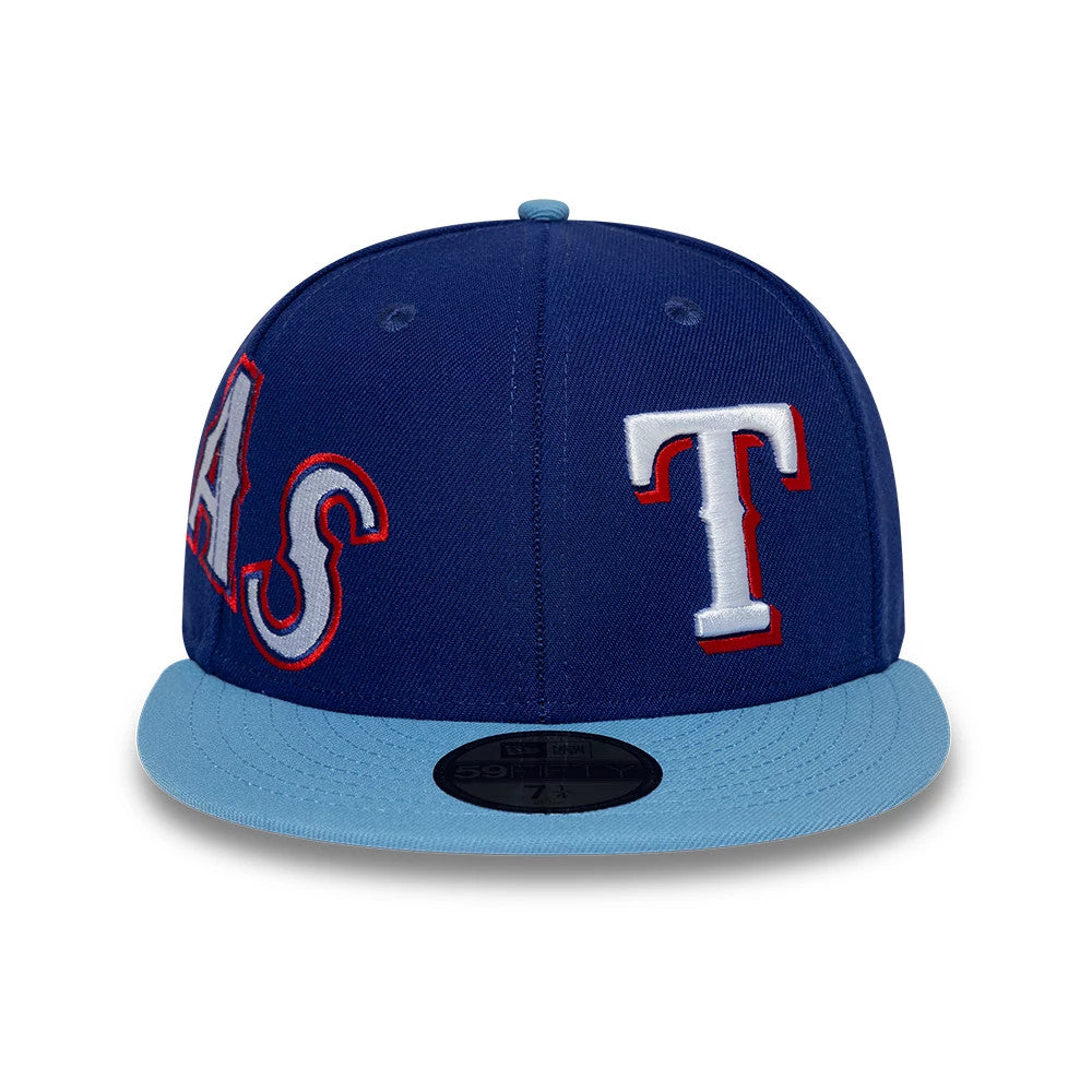 Pictured is this MLB Multi Logo Texas Rangers 59FIFTY Fitted cap in dark blue. 4
