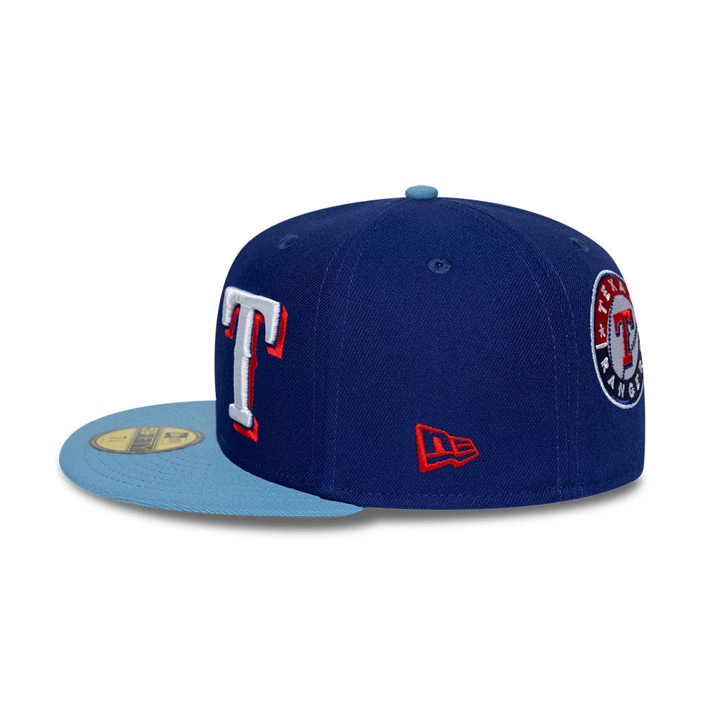 Pictured is this MLB Multi Logo Texas Rangers 59FIFTY Fitted cap in dark blue. 7