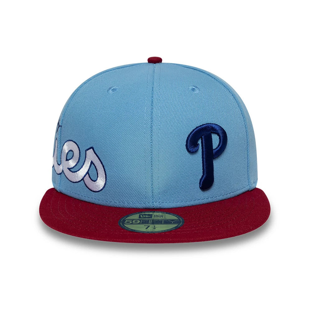 Pictured is this MLB Multi Logo Philadelphia Phillies 59FIFTY Fitted cap in pastel blue. 3