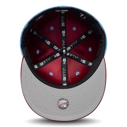 Pictured is this MLB Multi Logo Philadelphia Phillies 59FIFTY Fitted cap in pastel blue. 2