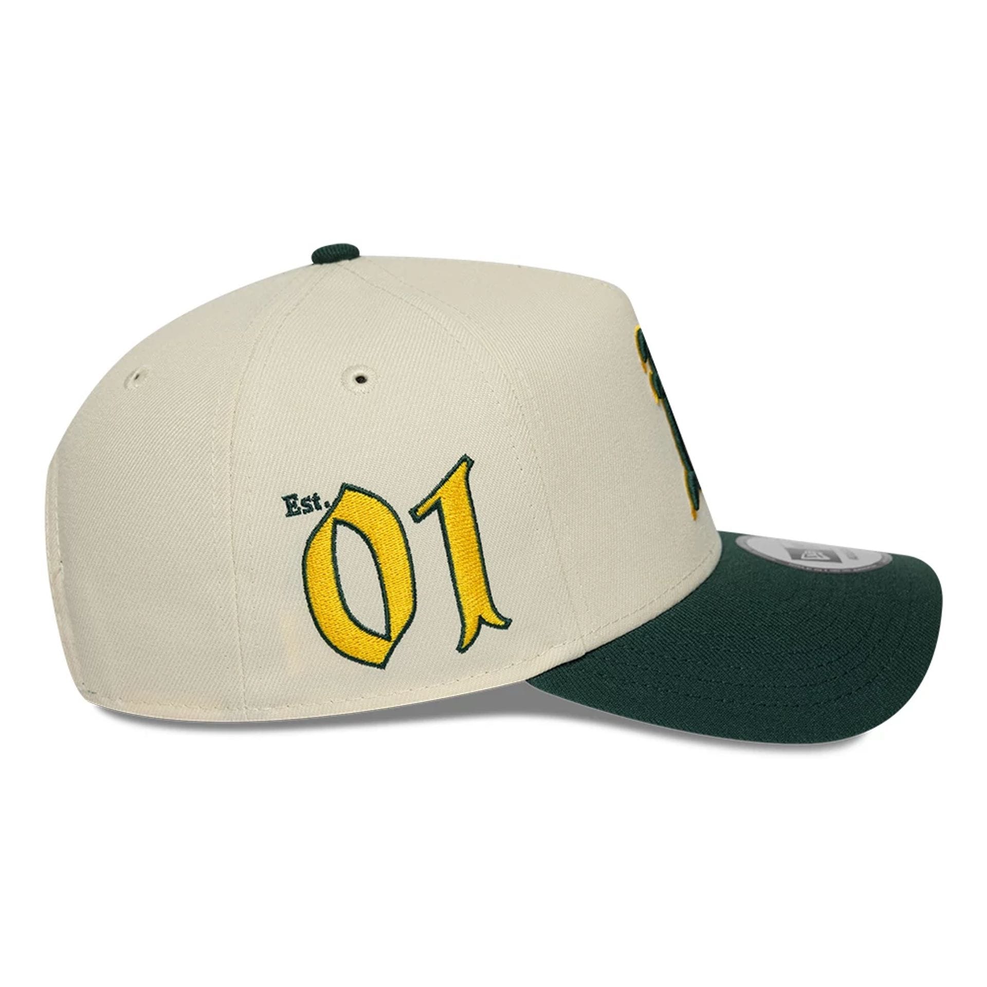 Pictured is this MLB Side Hit Athletics 9FORTY E-Frame cap in Cream. 5