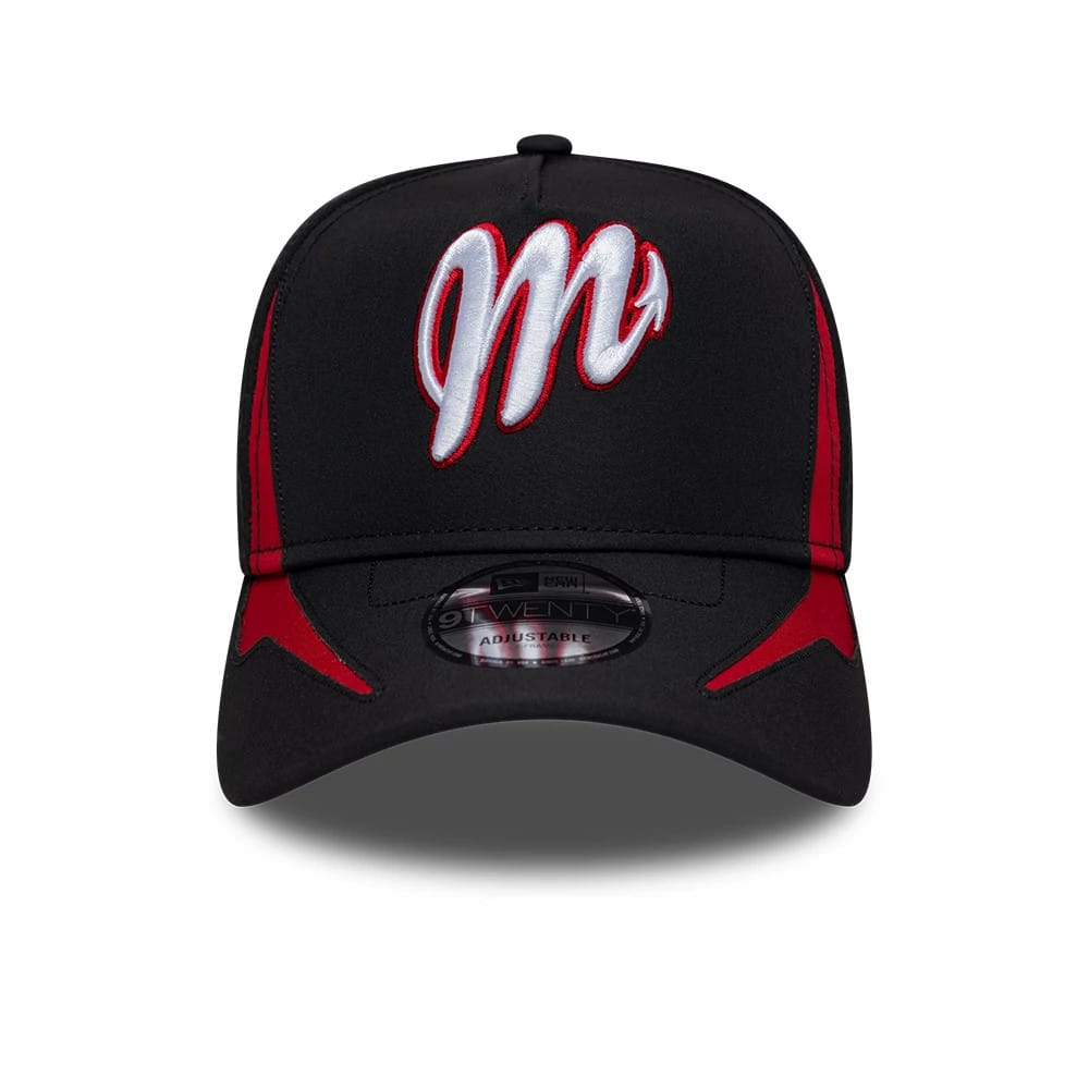 Pictured is this LMB Panel Mexico Diablos 9TWENTY A-Frame cap in black. 3