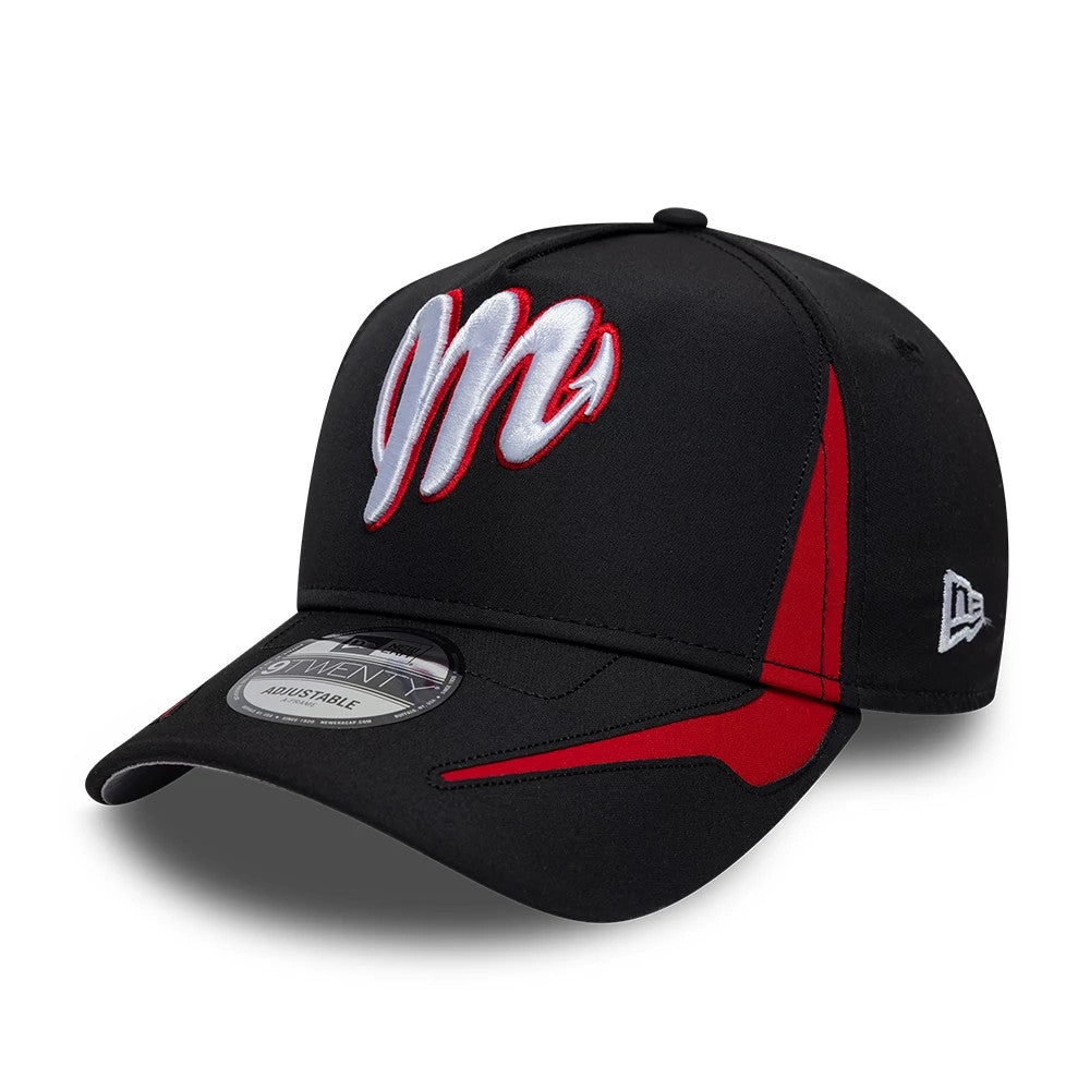 Mexico Diablos LMB Panel Black New Era 9TWENTY A-Frame Adjustable Cap, three-quarter view showing the raised white and red embroidered M logo on the front panel, black curved visor with a 9TWENTY size sticker.