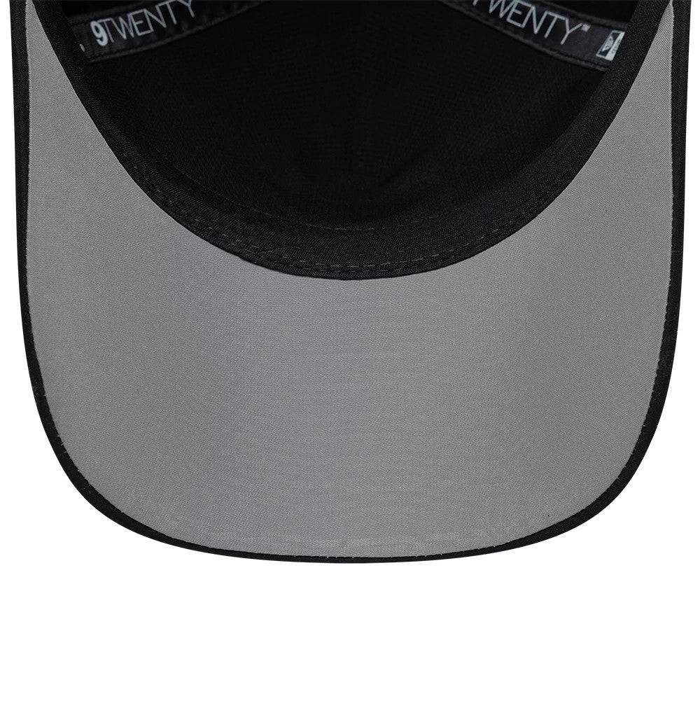 Mexico Diablos LMB Panel Black New Era 9TWENTY A-Frame Adjustable Cap, inside view showing the grey undervisor, black sweatband and black taping featuring the 9TWENTY branding in white.