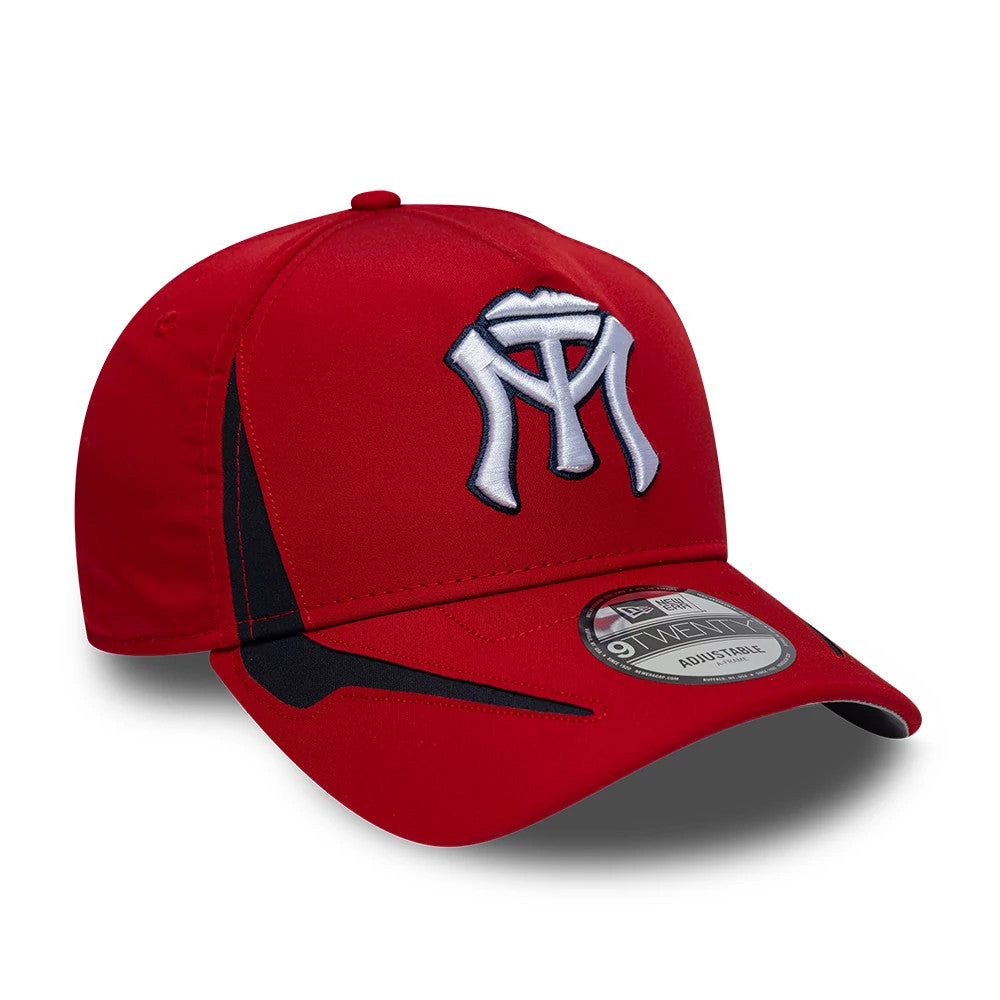 Sultanes De Monterrey LMB Panel Red New Era 9TWENTY A-Frame Adjustable Cap, three-quarter view showing the raised white and navy embroidered front logo, curved red visor with a 9TWENTY size sticker, and black accent panels on the sides.