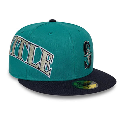 Pictured is this MLB Multi Logo Seattle Mariners 59FIFTY Fitted cap in green. 5