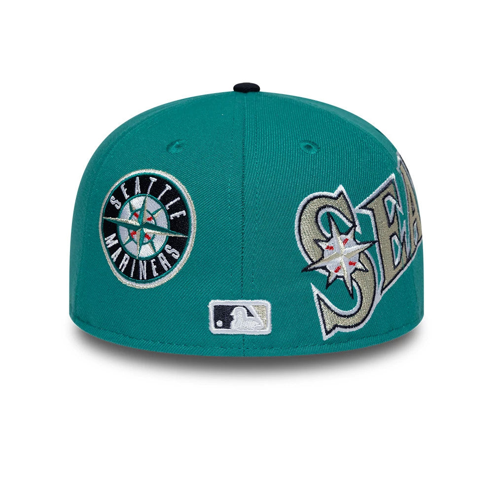 Pictured is this MLB Multi Logo Seattle Mariners 59FIFTY Fitted cap in green. 3