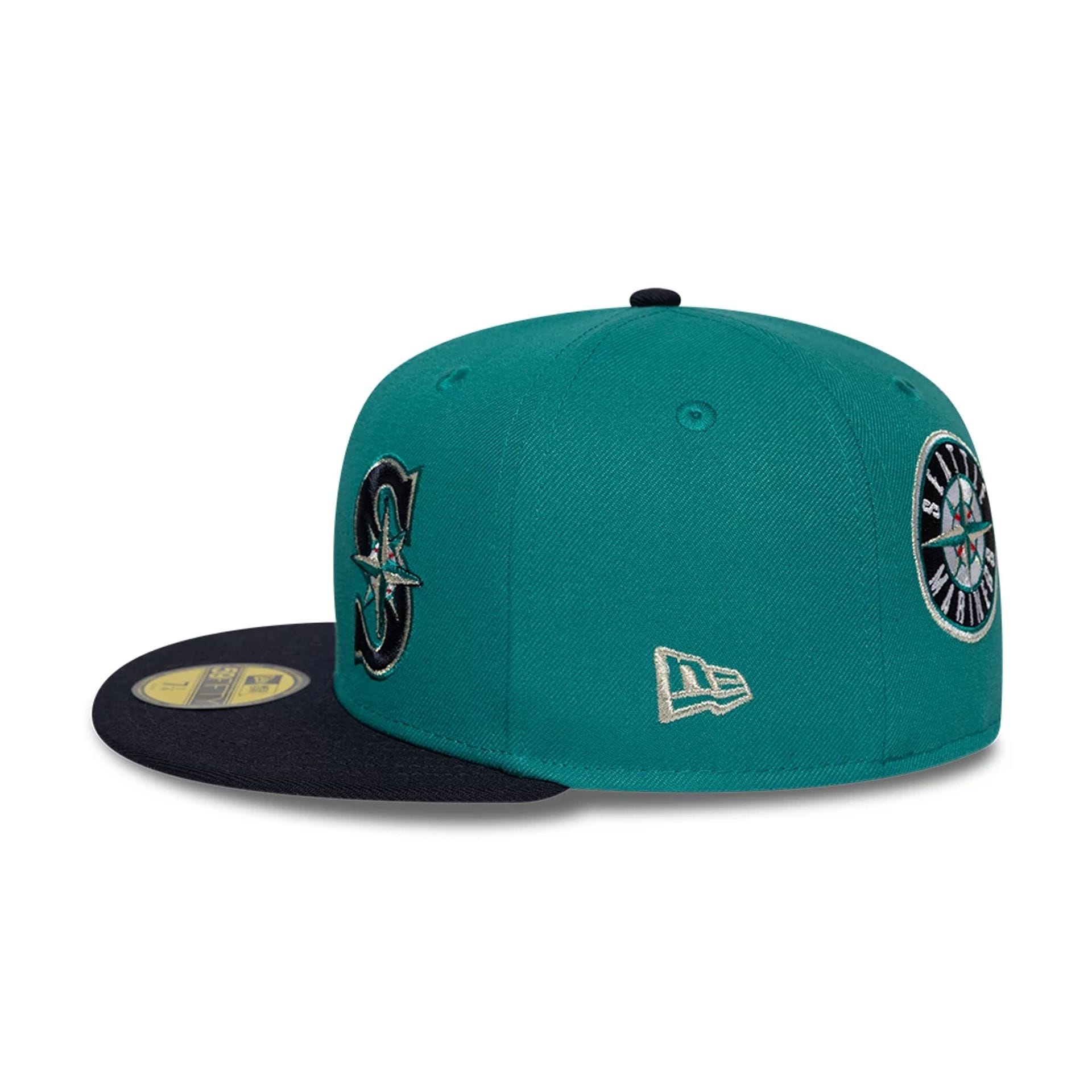 Pictured is this MLB Multi Logo Seattle Mariners 59FIFTY Fitted cap in green. 7
