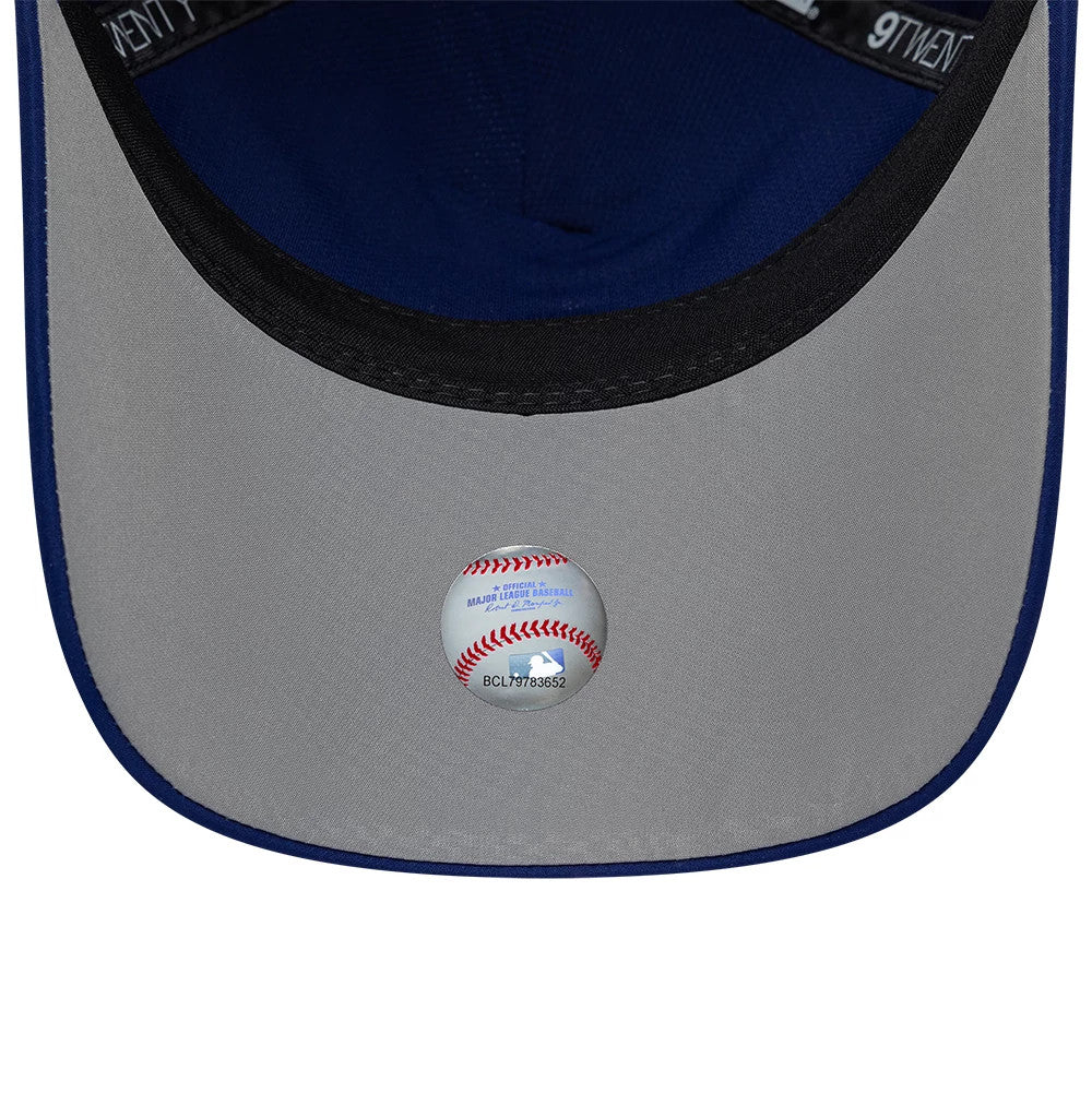 Texas Rangers MLB Panel Dark Blue New Era 9TWENTY A-Frame Adjustable Cap, inside view showing a grey undervisor with an MLB holographic sticker, black internal sweatband, and black taping with the 9TWENTY label running around the crown.