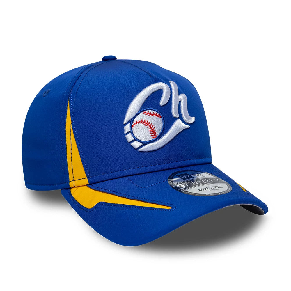Charros De Jalisco LMB Panel Blue New Era 9TWENTY A-Frame Adjustable Cap, three-quarter view showing the raised white and red baseball logo embroidered on the front panel, contrasted by yellow side and a curved visor with a 9TWENTY size sticker.