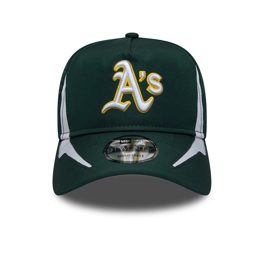 Athletics MLB Panel Dark Green New Era 9TWENTY A-Frame Adjustable Cap, front view showing the raised gold and white embroidered A's logo on the dark green crown, with a black 9TWENTY size sticker on the dark green curved visor.