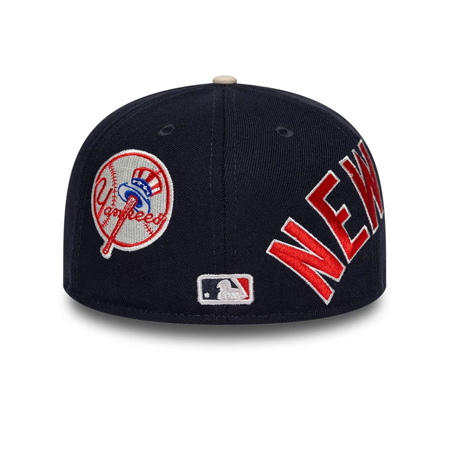 Pictured is this MLB Multi Logo New York Yankees 59FIFTY Fitted cap in navy. 3