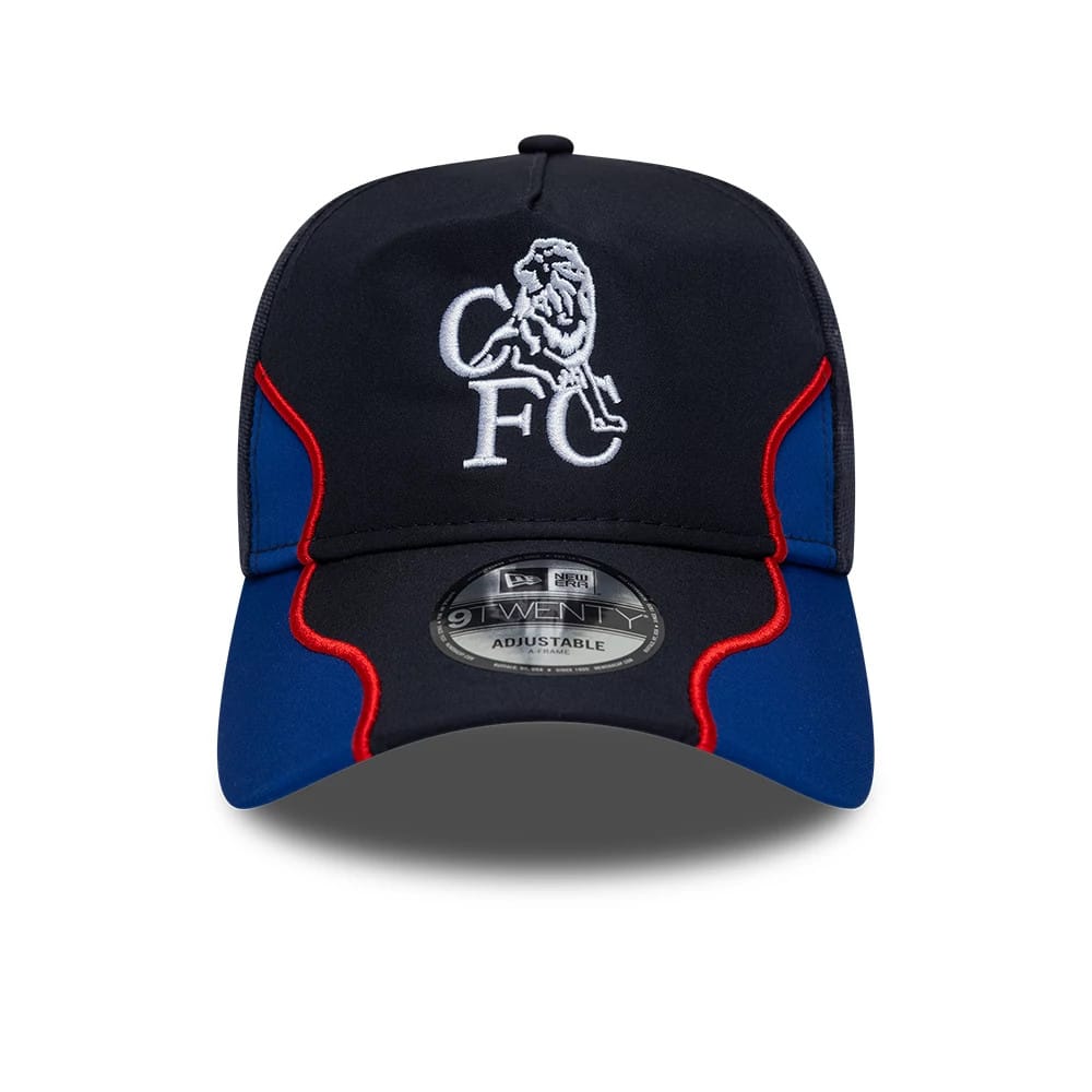 Chelsea FC Retro Goal Keeper Navy New Era 9TWENTY A-Frame Adjustable Cap, front view showing the white embroidered club lion crest with CFC lettering on the front panel, curved visor with a 9TWENTY size sticker, and red piping accents.