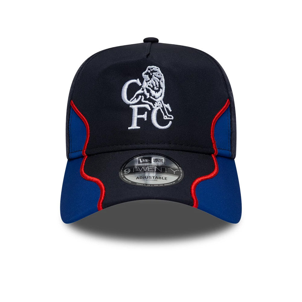 Pictured is this Retro Goal Keeper Chelsea FC Lion Crest 9TWENTY A-Frame cap in navy. 2