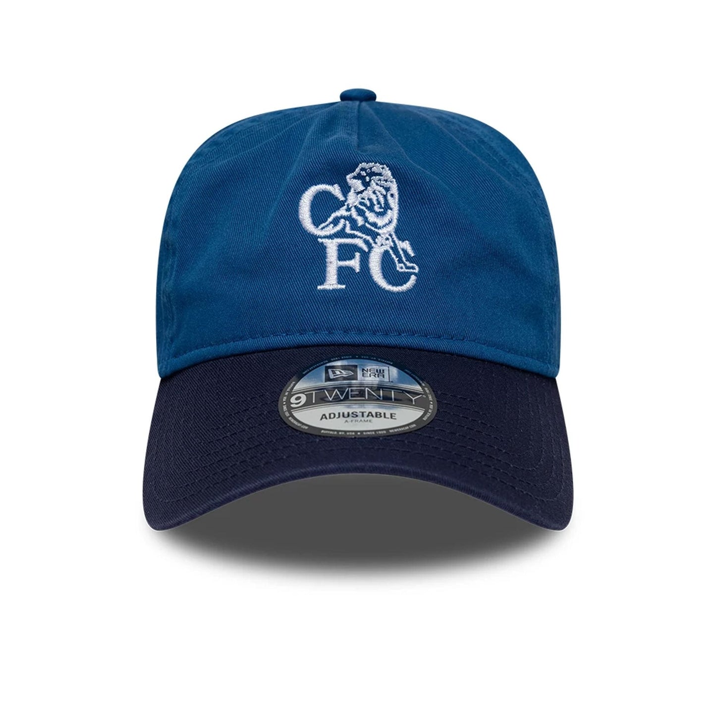 Pictured is this Retro Goal Keeper Chelsea FC Lion Crest 9TWENTY A-Frame cap in blue. 2