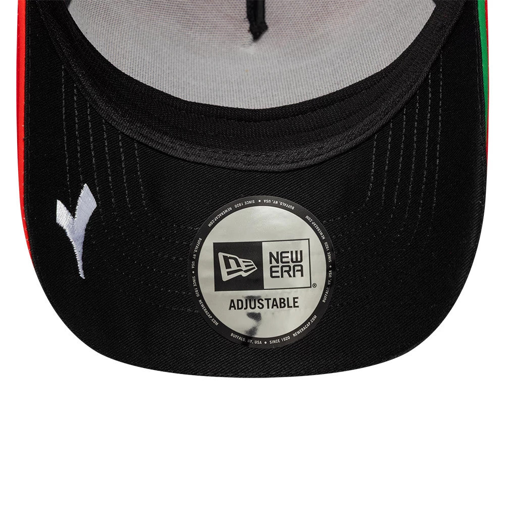 Ducati Motor Replica Francesco Bagnaia Red New Era 9FORTY E-Frame Adjustable Cap, inside view showing the black undervisor with white stitching, a white stylised logo on the left, and the New Era adjustable size sticker at the centre.