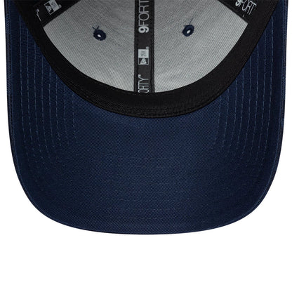 24HR Le Mans Camo Dark Blue New Era 9FORTY Adjustable Cap, inside view showing dark blue undervisor, black sweatband with repeating 9FORTY logo on the taping, and two navy eyelets on the inner grey panels.