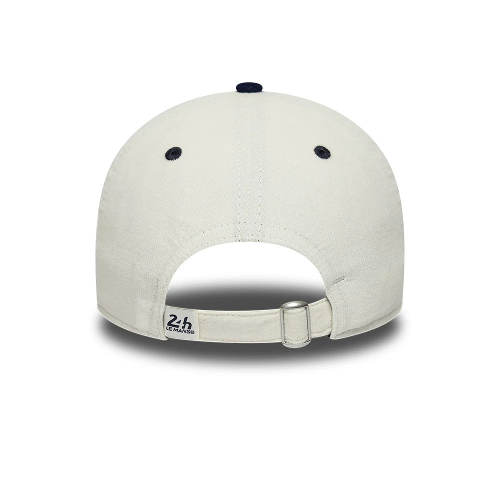 24HR Le Mans Contrast Cord Cream New Era 9TWENTY Adjustable Cap, rear view showing the black 24H Le Mans logo on the cream adjustable strap, with black embroidered eyelets on the crown and a buckle closure.