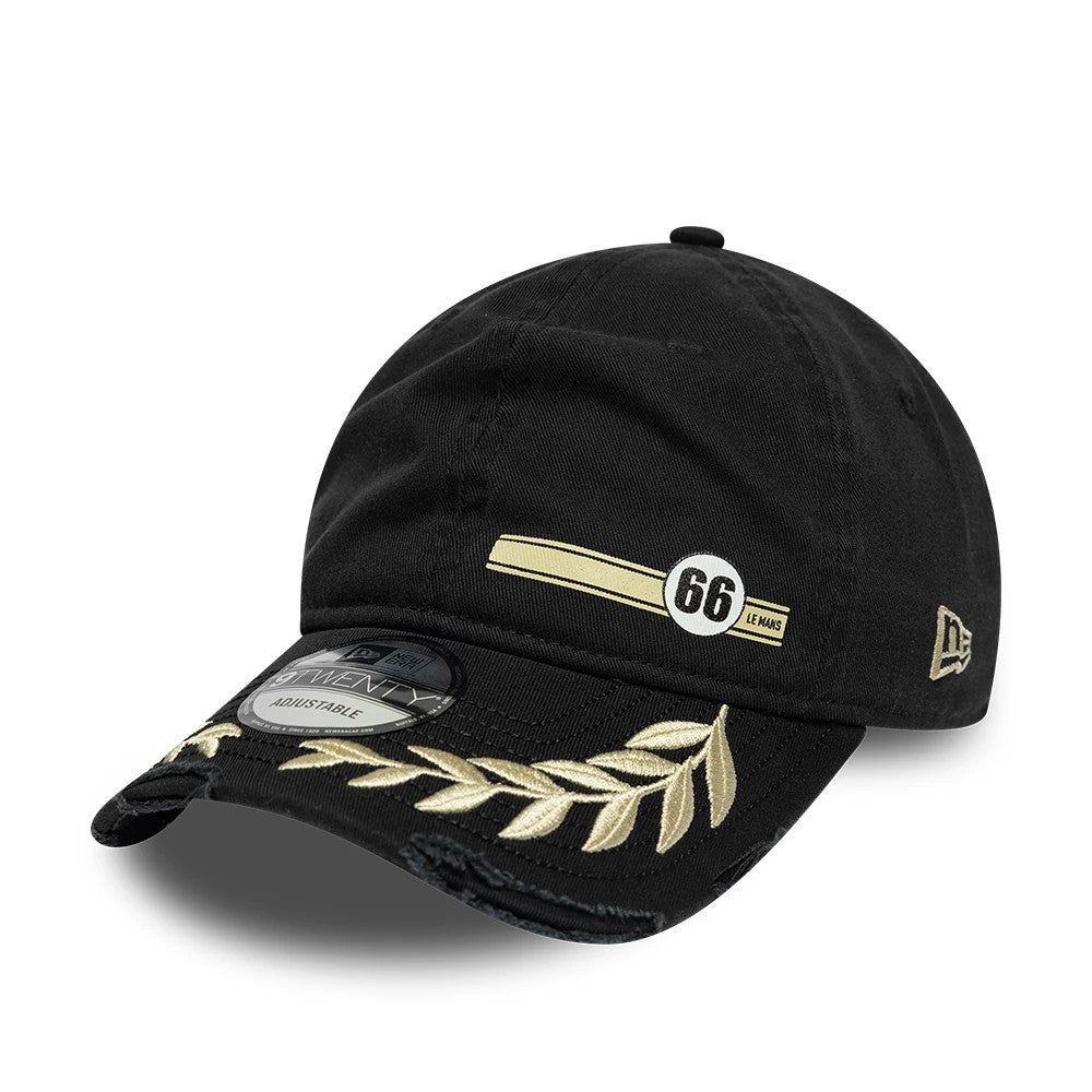 24HR Le Mans Washed Graphic Black New Era 9TWENTY Adjustable Cap, front three-quarter view showing the embroidered 66 Le Mans graphic on the structured black crown, gold laurel design on the curved visor, and black 9TWENTY size sticker.