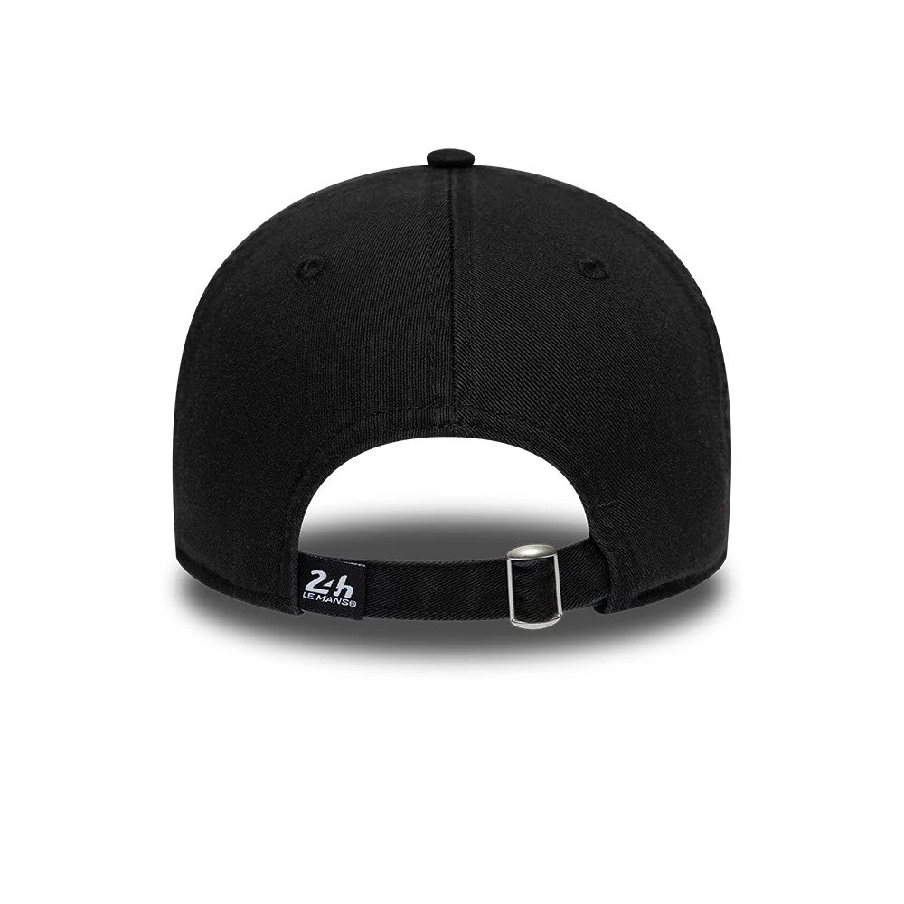 24HR Le Mans Washed Graphic Black New Era 9TWENTY Adjustable Cap, rear view showing the 24h Le Mans logo on a black fabric strap with a silver buckle, centred on the unstructured black crown with sewn eyelets.