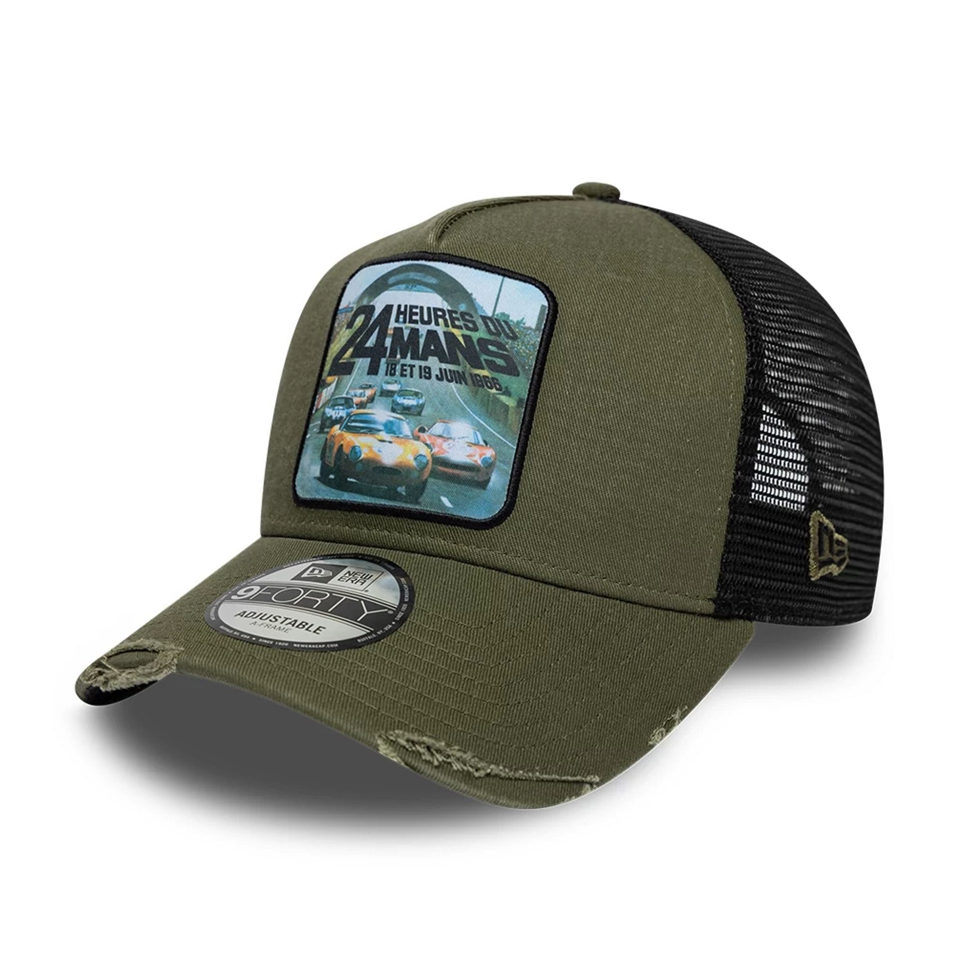 Pictured is this Washed Graphic 24HR Le Mans 9FORTY A-Frame Trucker cap in green. 1