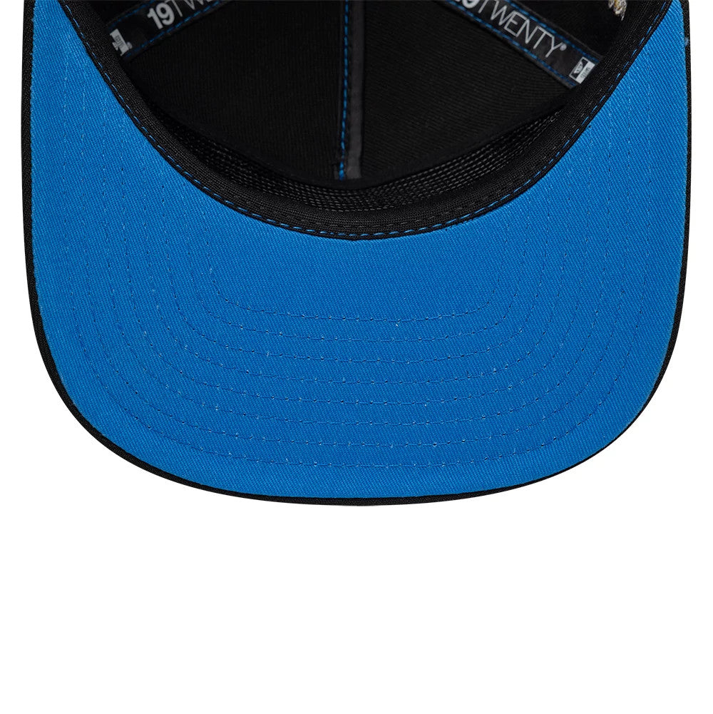 Harry Potter Ravenclaw Blue New Era 19TWENTY Adjustable Cap, inside view showing a black sweatband and the blue undervisor with matching stitching, complemented by black New Era taping around the interior crown for a snug fit.
