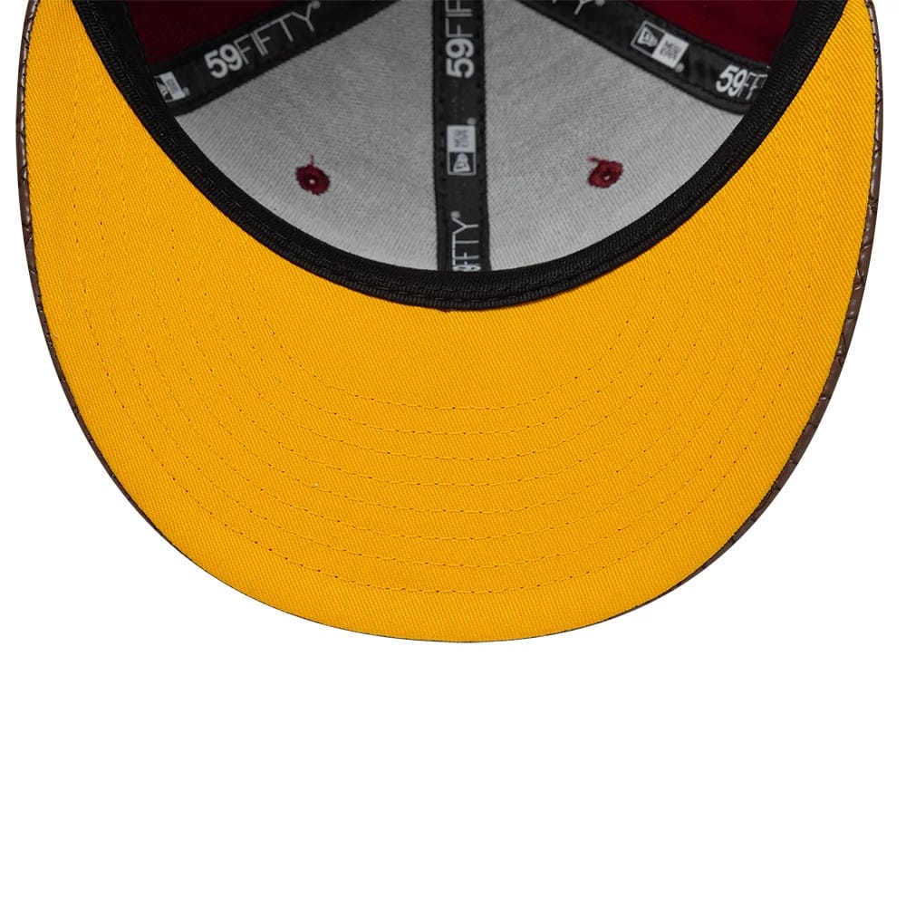 Pictured is this Harry Potter Quidditch 59FIFTY Fitted cap in dark red & brown. 2