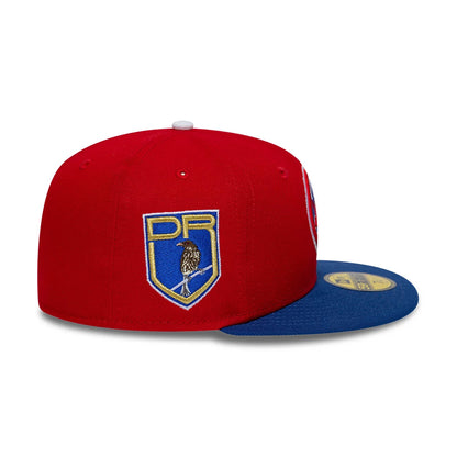 New York Mets MLB Sister Cities Red & Blue New Era 59FIFTY Fitted Cap, side view showing the embroidered DR shield logo in yellow, white and blue on the red structured crown, with a flat blue visor and gold 59FIFTY size sticker.
