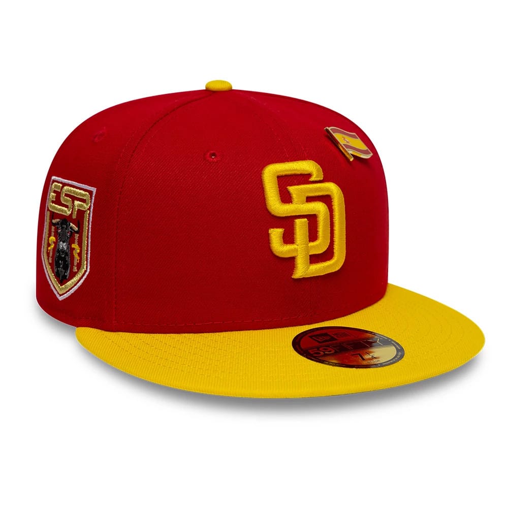 Pictured is this MLB Sister Cities San Diego Padres 59FIFTY Fitted cap in red & yellow. 1
