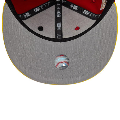 San Diego Padres MLB Sister Cities Red & Yellow New Era 59FIFTY Fitted Cap, inside view showing black New Era taping with 59FIFTY branding, a grey undervisor with an MLB sticker and the red inner panels with embroidered eyelets.
