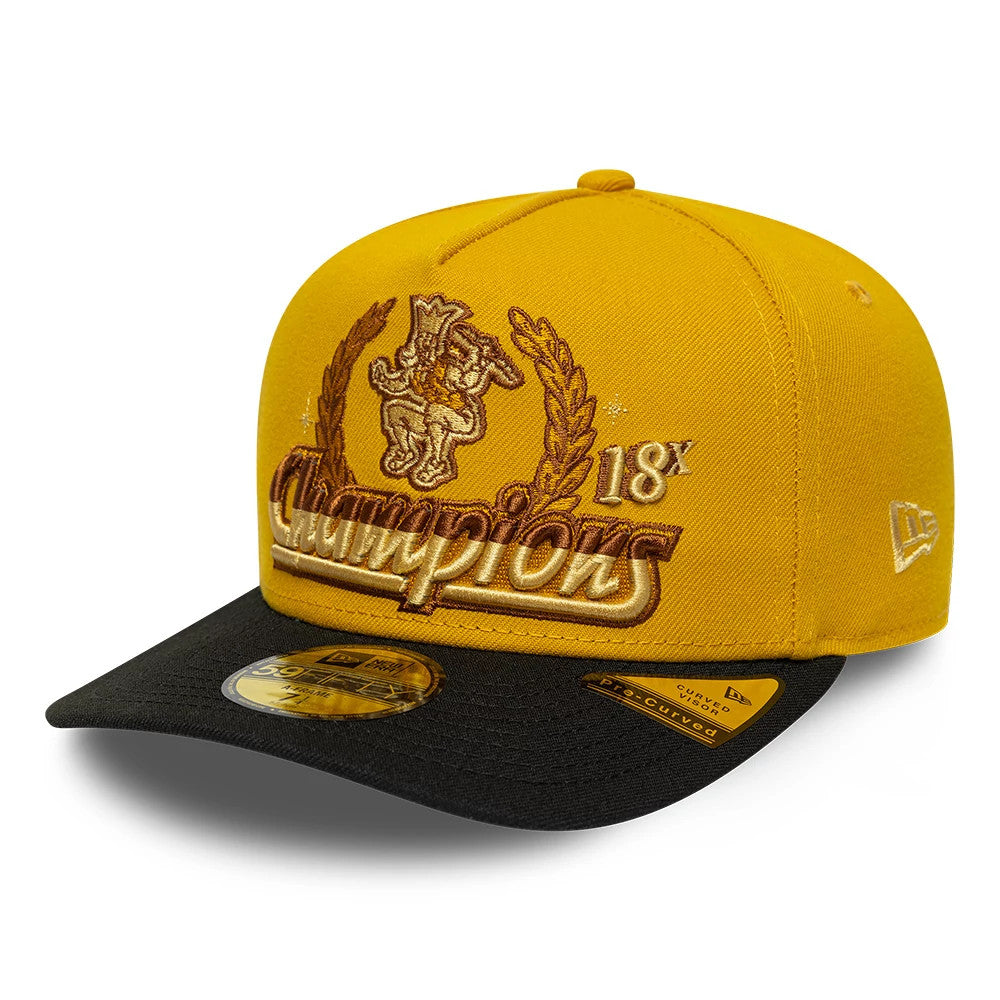 Pictured is this NBA Boston Celtics 59FIFTY A-Frame Fitted cap in gold & black. 1