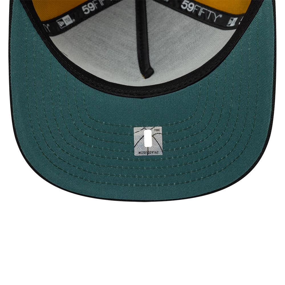 Pictured is this NBA Boston Celtics 59FIFTY A-Frame Fitted cap in gold & black. 2