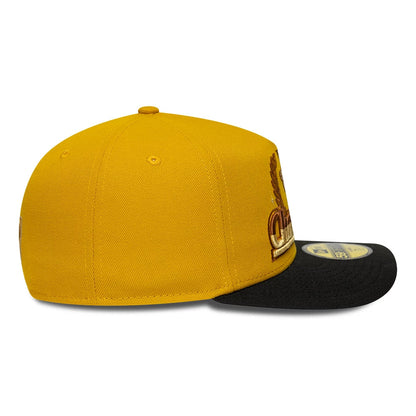 Pictured is this NBA Boston Celtics 59FIFTY A-Frame Fitted cap in gold & black. 7