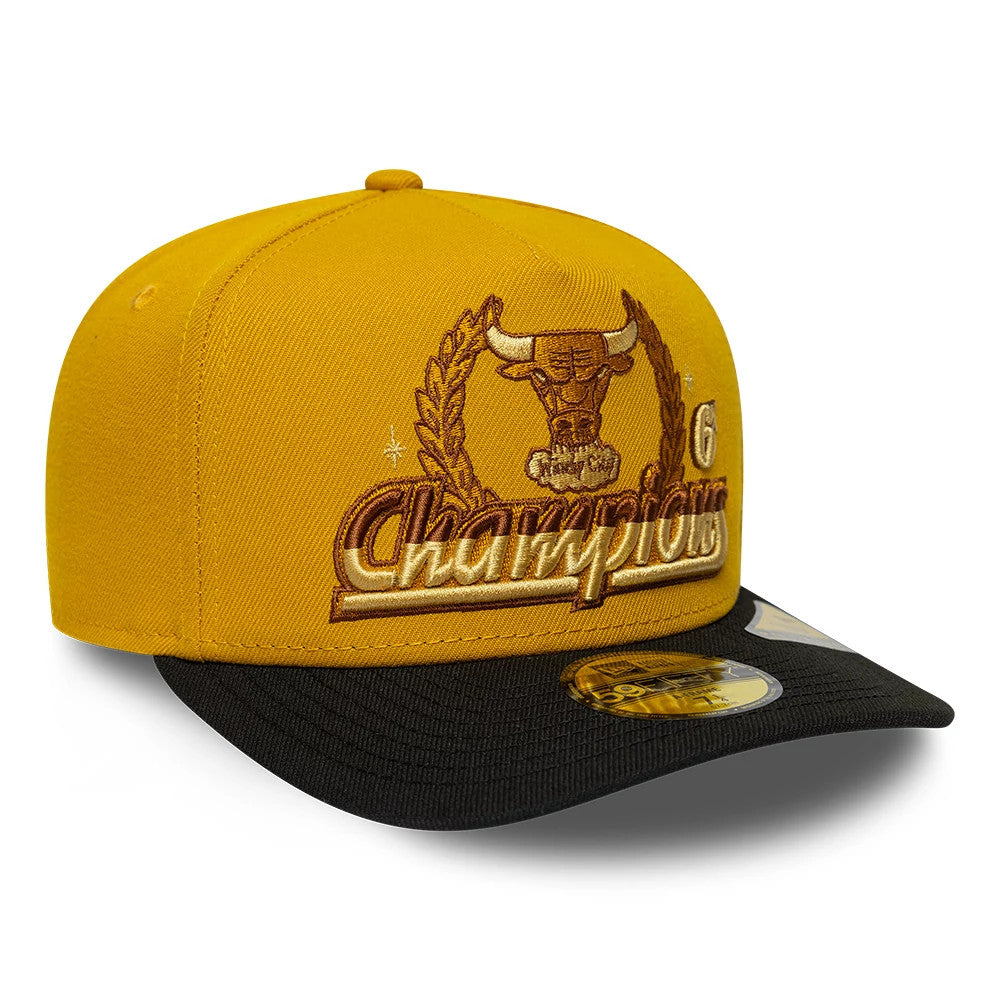 Pictured is this NBA Chicago Bulls 59FIFTY A-Frame Fitted cap in gold & black. 4