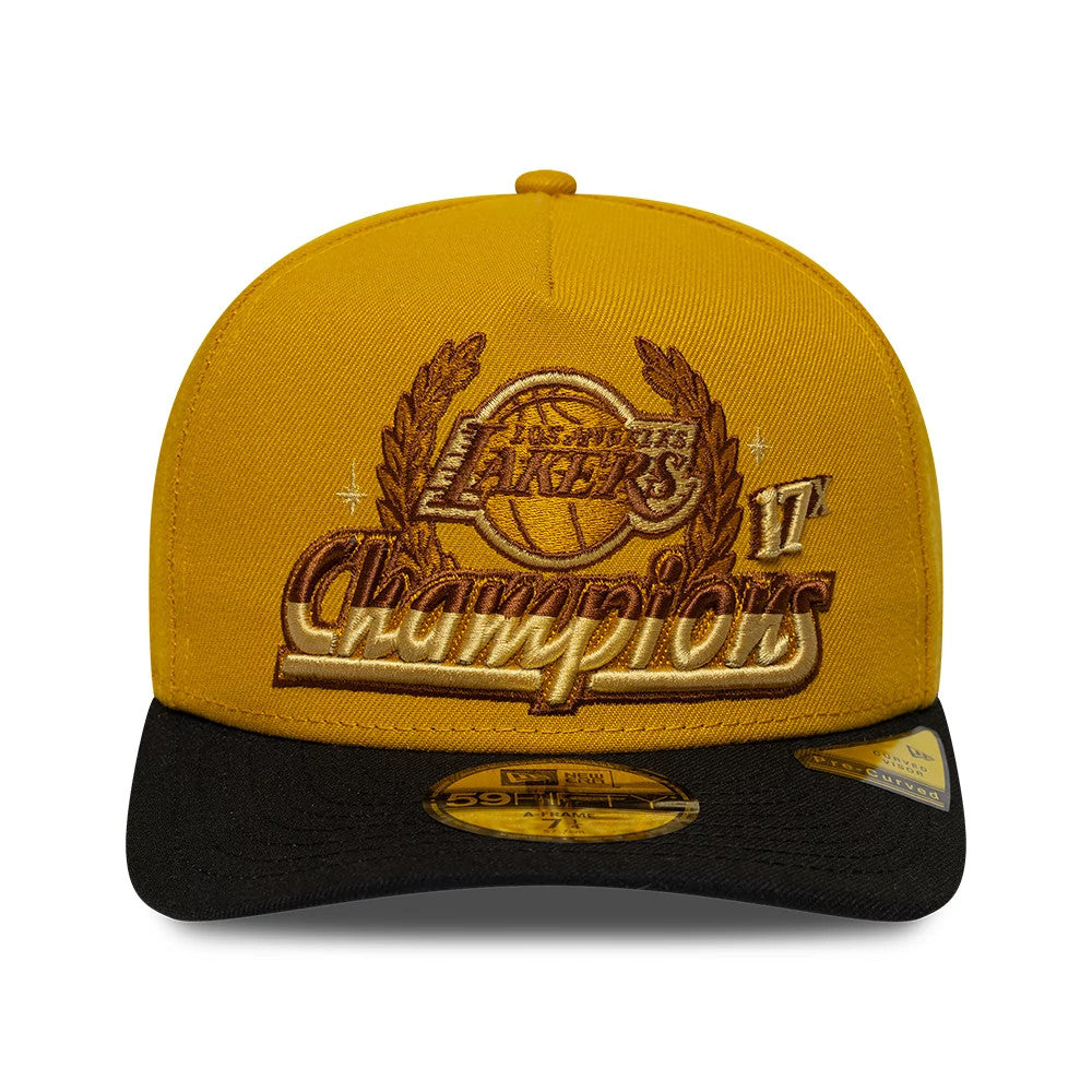 Pictured is this NBA LA Lakers 59FIFTY A-Frame Fitted cap in gold & black. 3