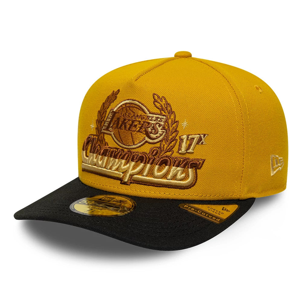Pictured is this NBA LA Lakers 59FIFTY A-Frame Fitted cap in gold & black. 1