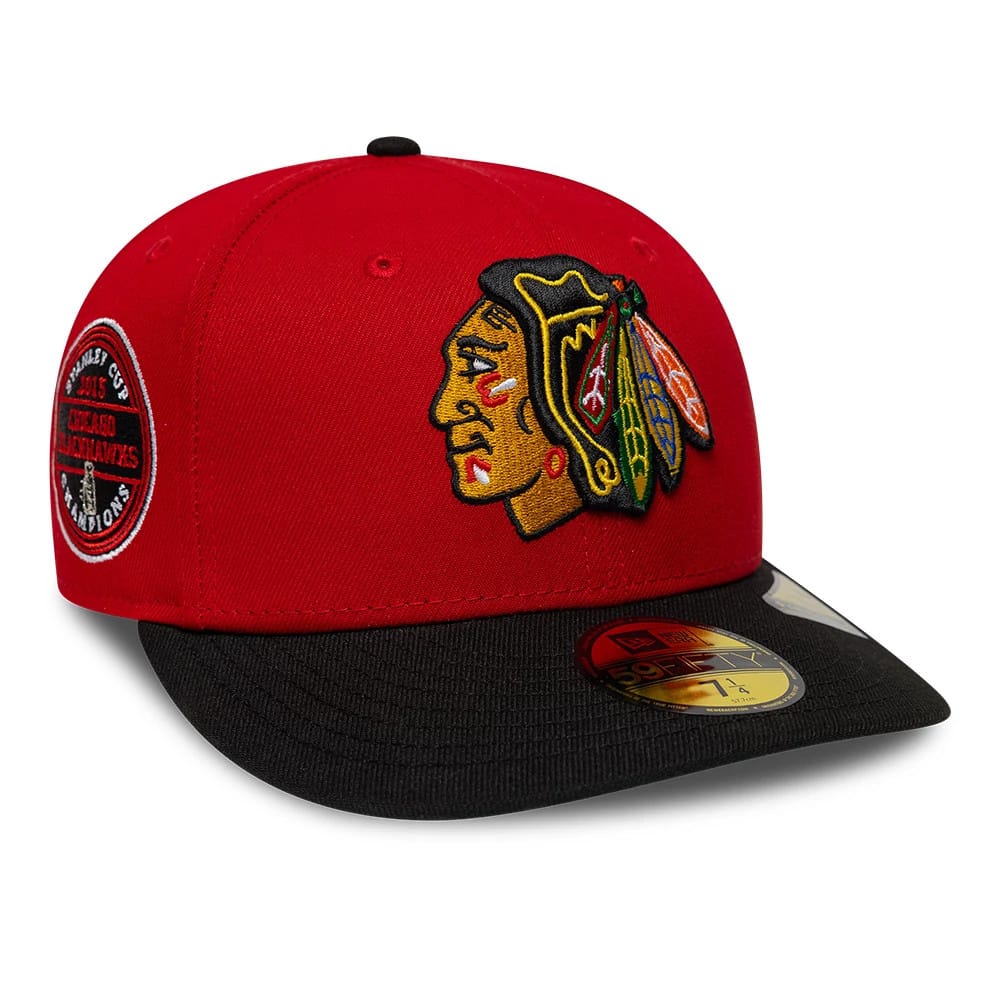 Pictured is this NHL Champions Chicago Blackhawks 59FIFTY Fitted cap in red & black. 1
