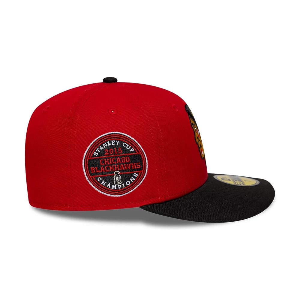 Pictured is this NHL Champions Chicago Blackhawks 59FIFTY Fitted cap in red & black. 6