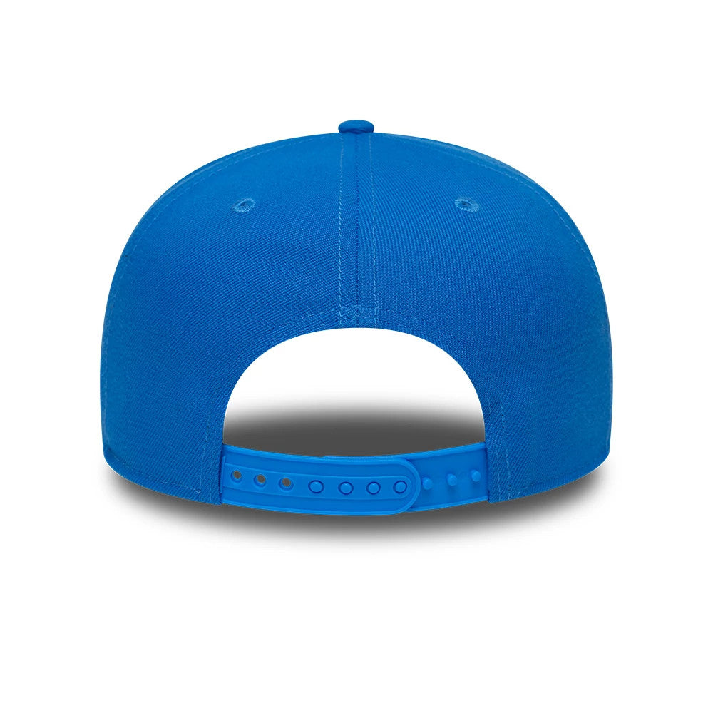 Rugrats Party In The Playpen Blue New Era 9FIFTY A-Frame Snapback Adjustable Cap, rear view showing the curved blue adjustable snap closure, centred on the structured blue crown with matching eyelets and top button.